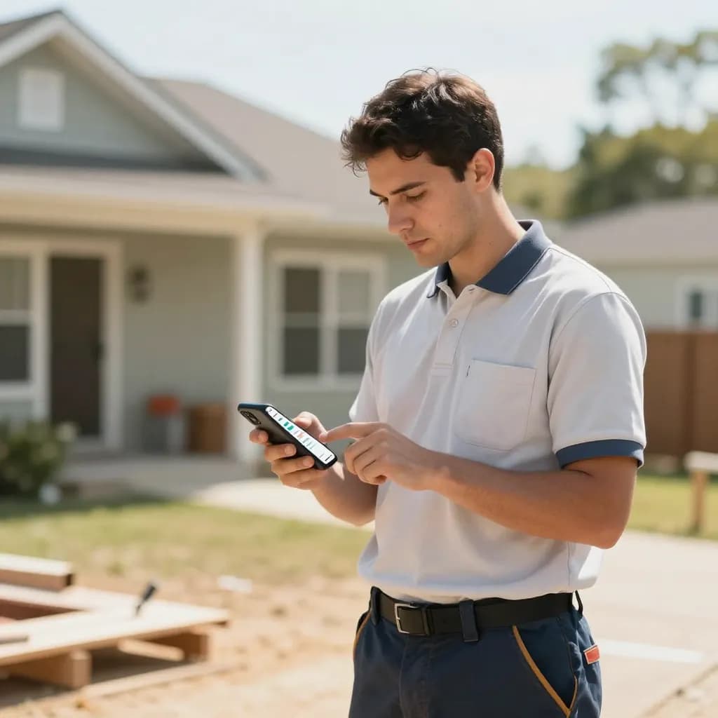 Field service worker using Fieldtics mobile app on a job site